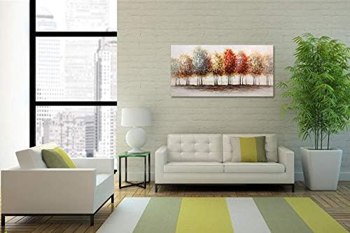 Tiancheng Art, 24x48 Inch Modern Abstract Oil Hand Paintings Tree Art 3D Hand-Painted Living Room And Bedroom Wooden Frame Ornaments Canvas Acrylic Wall Art Colorful Forest Home Hanging Decoration