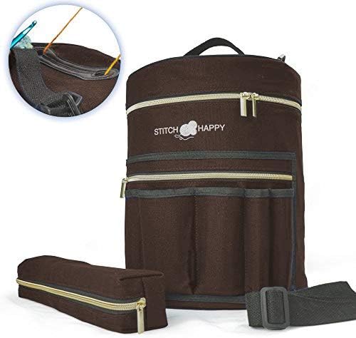 Designer Stitch Happy Crocheting Kit: 52 Piece Crochet Kit for Beginners & 7 Pocket Yarn Bag, Signature Yarn Storage - Chocolate
