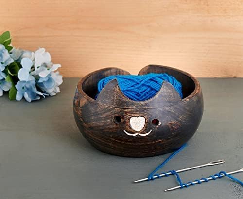 Christmas Gifts for Women Cat Yarn Bowl Knitting Bowl Large Crochet Yarn Holder YB2203 Handmade Crocheting Accessories and Supplies Organizer 7 x 3 Wooden White Elephant Gifts