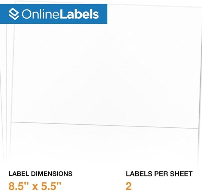 8.5 x 5.5 Half-Sheet Shipping Labels - Permanent, White Matte - for FBA, FedEx, UPS - Pack of 200 Labels, 100 Sheets - Inkjet/Laser Printers - Online Labels