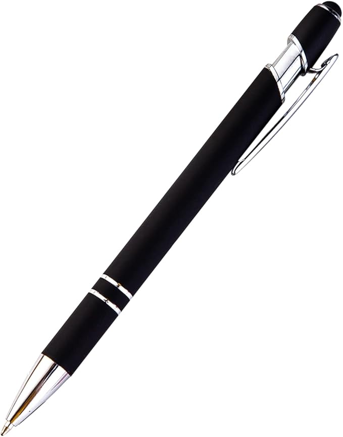 PASISIBICK 12-Piece Black Ballpoint Pen with Stylus Tip, 2 in 1 Stylish Metal Touch Screen Pen - Black Ink, 1.0 mm Medium Point - 5.5 x 0.4 inch / 14 x 1 cm