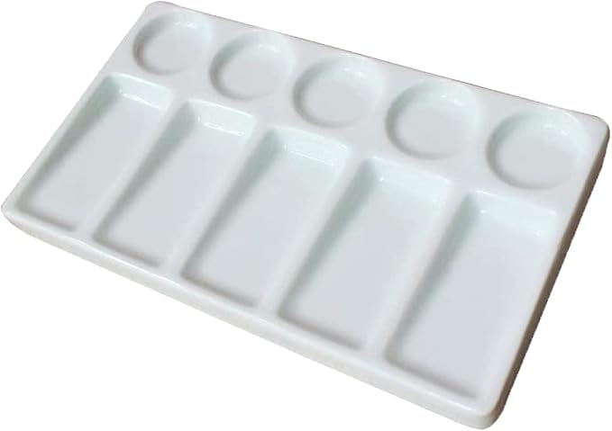 Ceramic Artist Paint Palette Tray - 10-Well Rectangular Shape Porcelain Leak Proof Painting Palette for Watercolor Gouache Painting Students or Art Studio