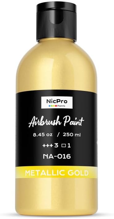 Nicpro Metallic Gold Large Airbrush Paint (8.45 oz, 250 ml) Ready to Spray Opaque Water-Based Acrylic Air Brush Paints for Model, Wood, Canvas, Metal, Plastic, Leather, for Beginners & Artists