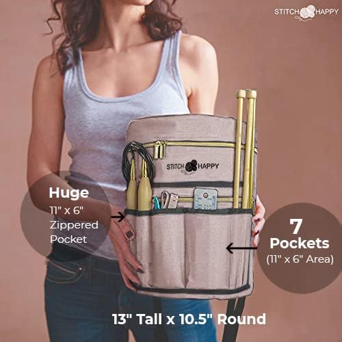 Designer Stitch Happy Crocheting Kit: 52 Piece Crochet Kit for Beginners & 7 Pocket Yarn Bag, Signature Yarn Storage - Tan