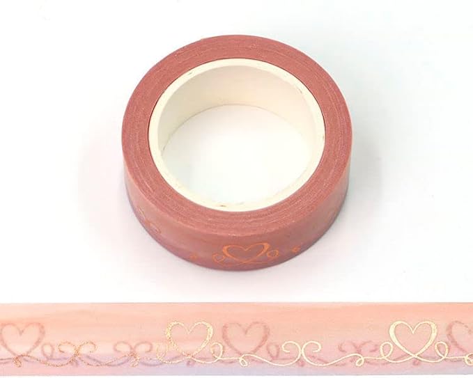 Heart Cursive Pattern Bronzing Foil Embossed Pink Printing Washi Tape Decorative Self Adhesive Masking Tape 15mm x 10 Meters for Scrapbooking