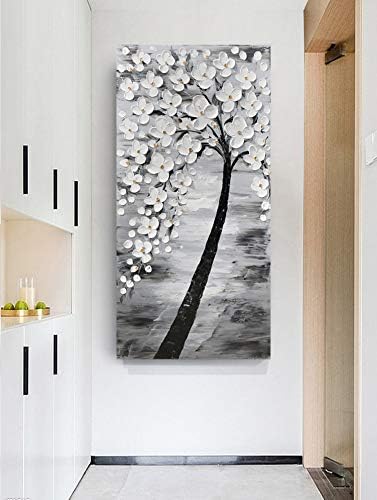 Yihui Arts 3D White Flower Canvas Wall Art Hand Painted Grey Paintings Vertical Artwork for Living Room Bedroom Hallway Decoration