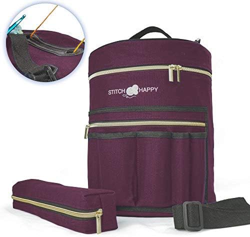 Designer Stitch Happy Crocheting Kit: 52 Piece Crochet Kit for Beginners & 7 Pocket Yarn Bag, Signature Yarn Storage - Royal Purple