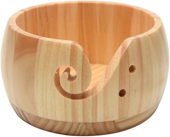Wooden Yarn Bowl with Bamboo Crochet Hooks, Knitting Accessories DIY Hand Craft Yarn Holder Dispenser Storage Bowl for Skeins, Birthday Gifts for Crocheters Knitting Lovers(Color:Varnish Color)