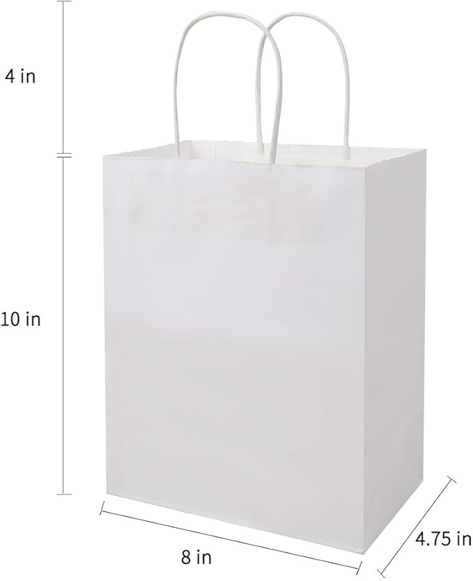 bagmad 50 Pack Sturdy Medium White Gift Paper Bags with Handles Bulk, Kraft Bags 8x4.75x10 Inch, Craft Grocery Shopping Retail Party Favors Wedding Business Sacks (White, 50pcs)