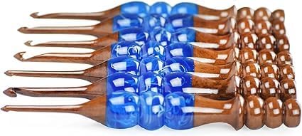 Wooden Crochet Hooks Set for Arthritic Hands | Ergonomic Soft Grip - Resin Mix Indian Rosewood Crochet Hook Set for Crocheting & Knitting (Blue, Set of 7)