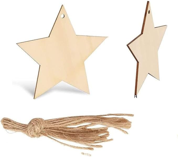 50 Pcs Wooden Ornaments, BetterJonny 3.15 * 2.56in Unfinished Natural Wood Slices with Holes Blank Wood Discs with 50pcs Jute Rope for DIY Christmas Decoration