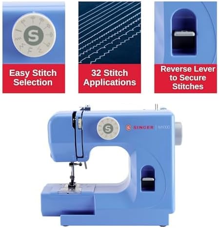 SINGER M1000 Mending Machine | Compact, Lightweight & Portable With 32 Stitch Applications & LED Light | Great for Light to Medium Weight Fabrics & Repairs – Blue