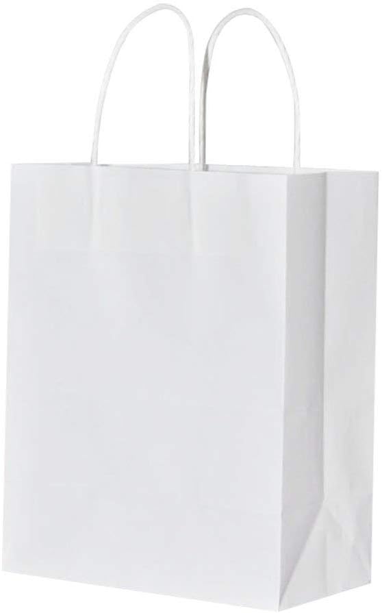 bagmad 50 Pack Sturdy Medium White Gift Paper Bags with Handles Bulk, Kraft Bags 8x4.75x10 Inch, Craft Grocery Shopping Retail Party Favors Wedding Business Sacks (White, 50pcs)