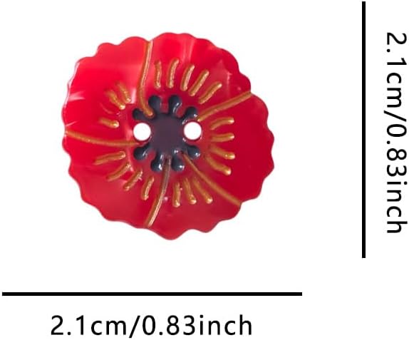 Red Poppy Shaped Buttons for Crafts,Acetate Button for Clothes,Buttons for Sewing,Button Bulk,Pack of 6