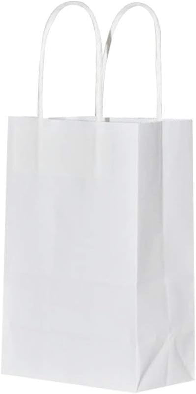 bagmad 50 Pack Sturdy Medium White Gift Paper Bags with Handles Bulk, Kraft Bags 8x4.75x10 Inch, Craft Grocery Shopping Retail Party Favors Wedding Business Sacks (White, 50pcs)
