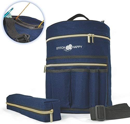 Designer Stitch Happy Knitting Starter Kit: 20 Piece Knitting Kit for Beginners & 7 Pocket Yarn Bag, Signature Yarn Storage - Navy