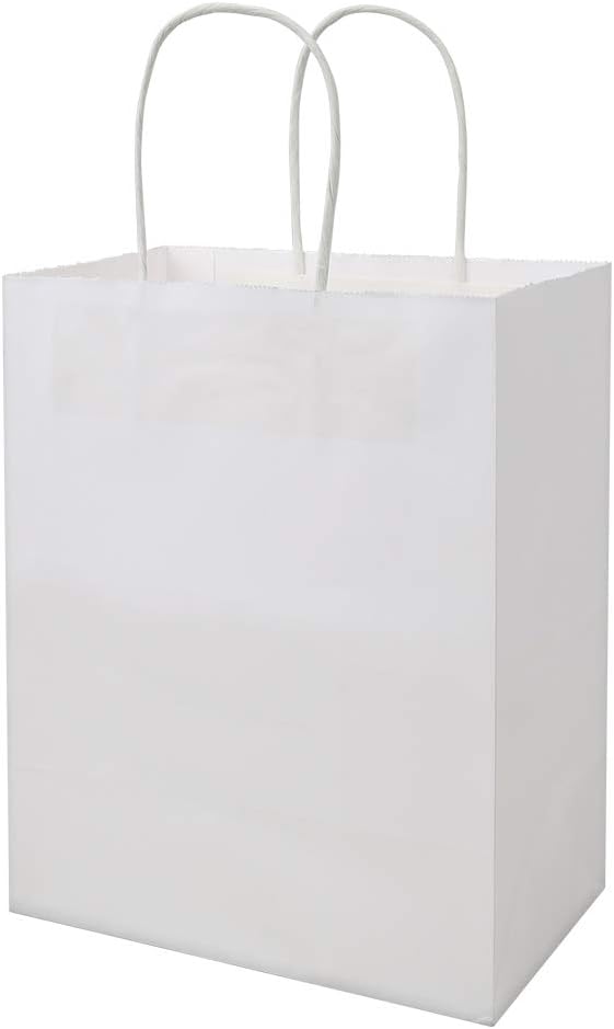 bagmad 50 Pack Sturdy Medium White Gift Paper Bags with Handles Bulk, Kraft Bags 8x4.75x10 Inch, Craft Grocery Shopping Retail Party Favors Wedding Business Sacks (White, 50pcs)