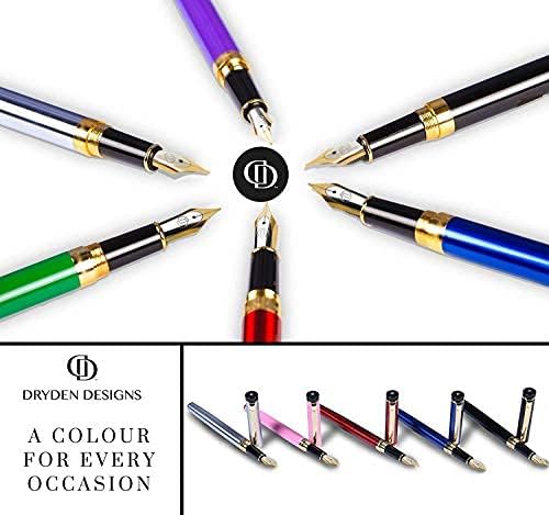 Dryden Designs Fountain Pen. Medium Nib Premium Box | 6 Ink Cartridges Included (Royal Red)