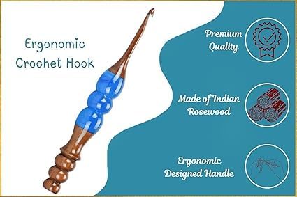 Wooden Crochet Hooks Set for Arthritic Hands | Ergonomic Soft Grip - Resin Mix Indian Rosewood Crochet Hook Set for Crocheting & Knitting (Blue, Set of 7)