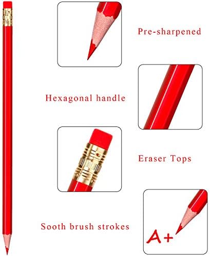 Zhanmai 24 Pieces Red Pencils with Eraser Pre-sharpened Erasable Checking #2 HB Pencils with Erasable Tops for Writing Drawing Checking Coloring Tests Grading Map Coloring Editing Office Favors