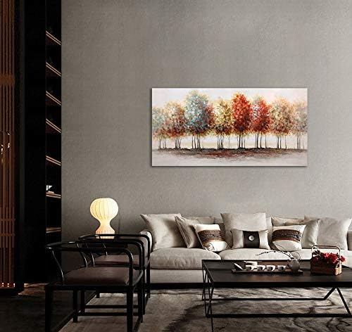 Tiancheng Art, 24x48 Inch Modern Abstract Oil Hand Paintings Tree Art 3D Hand-Painted Living Room And Bedroom Wooden Frame Ornaments Canvas Acrylic Wall Art Colorful Forest Home Hanging Decoration