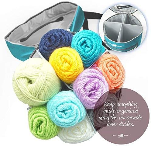 Designer Stitch Happy Crocheting Kit: 52 Piece Crochet Kit for Beginners & 7 Pocket Yarn Bag, Signature Yarn Storage - Peacock