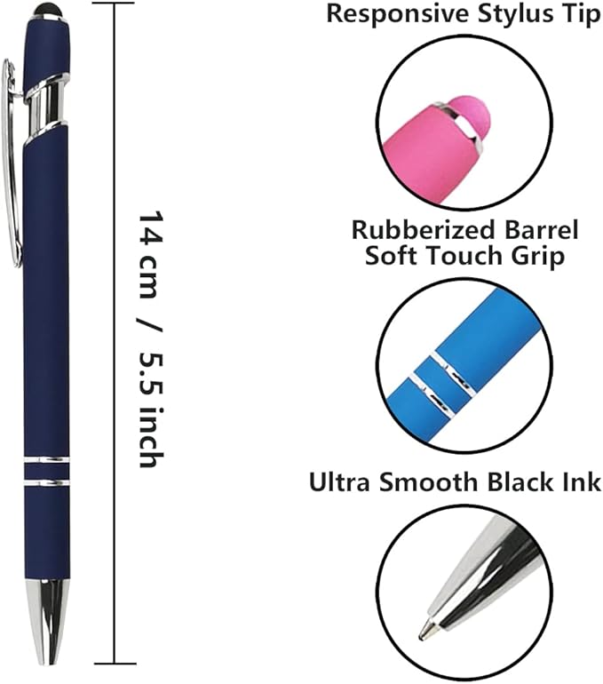 Ballpoint Pen with Stylus Tip, Soft Touch Click Metal Pen, 1.0mm Medium Point, Black Ink, 12 Count(Mixed Color)