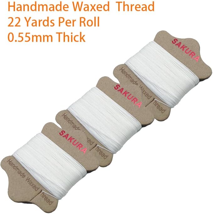 SAKURA Upholstery Repair Kit, 0.55mm ，Round Waxed Sewing Thread (3 Colors) & Heavy Duty Needles (7 PCS) for Leather, Canvas & Quilting Thread (3-White)