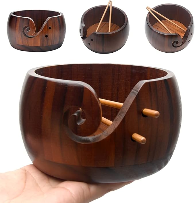Wooden Yarn Bowl with Bamboo Crochet Hooks, Knitting Accessories DIY Hand Craft Yarn Holder Dispenser Storage Bowl for Skeins, Birthday Gifts for Crocheters Knitting Lovers(Color:Brown)