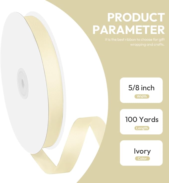 5/8" x 100 Yards Satin Ribbon - Ivory Silk Ribbon with Spool - Ideal for Gift Wrapping, Floral Bouquets, Crafts, Wedding Party Decorations, Christmas and Sewing Projects