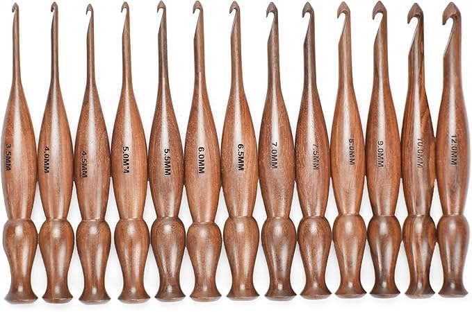 Wooden Crochet Hooks Set of 13 for Arthritic Hands | Ergonomic Soft Grip Handcrafted Knitting Needle for Crocheting and Knitting (Brown (Crochet - 4))