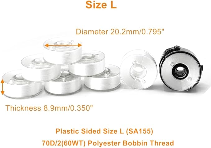 Prewound Bobbin L Size, 70D/2(60WT SA155 Size 9.4) Embroidery Sewing Machine Bobbins Thread Type L for Brother, Babylock, Singer, Husqvarna Viking, Pfaff Embroidery Machines