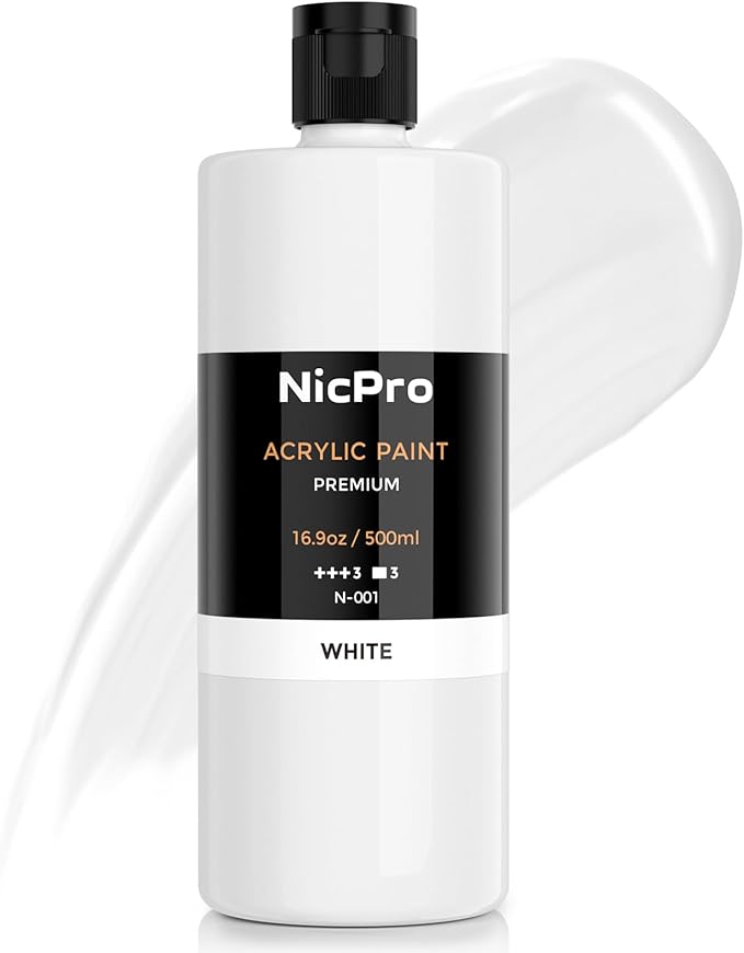 Nicpro White Large Acrylic Paint (16.9 oz, 500 ml), Rich Pigments, Non Toxic Craft Paint for Multi Surface, Canvas, Wood, Leather, Ceramic, Fabric, Stone - Art Painting Supplies for Beginners, Artists & Adults