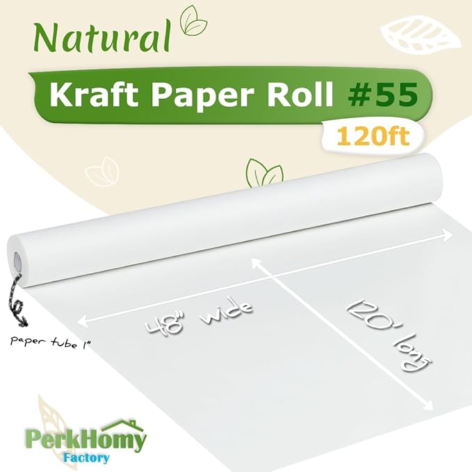 PerkHomy 48" x 1,440" (120') White Kraft Paper Roll for Craft Bulletin Board Paper Art Table Covering Crafting Gift Wrapping Bouquet Packing Parcel 80GSM 55LB (White, 48" x 120')