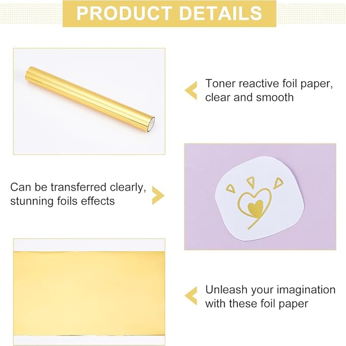 SUPERFINDINGS 1 Roll Gold Toner Reactive Foil 16.4Ftx7.7in Metallic Transfer Foil Paper Transfer Sheets for Laser Printer+Laminator DIY Craft Embossing Scrapbooking Cards Leather DIY Decoration