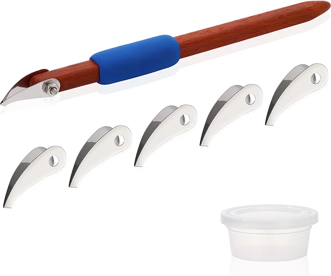 Lanties Pottery Carving Tools Set Include 5 Stainless Steel Blades & Red Pear Wood Handle, Sculpture Scraper Craft Modelling Tools for Clay, Ceramic Sculpting, Graffito, Relief Art (V-tip)