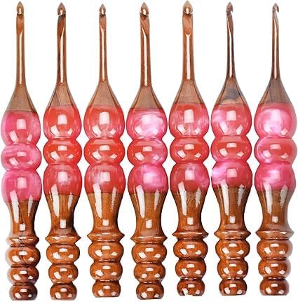 Wooden Crochet Hooks Set for Arthritic Hands | Ergonomic Soft Grip - Resin Mix Indian Rosewood Crochet Hook Set for Crocheting & Knitting (Pink, Set of 7)