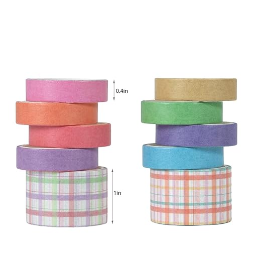 10 Rolls Washi Tape Set, Solid Color & Grid Decorative Tapes for Journals, Scrapbooking, Gift Wrapping, Decor & Crafts (Macaron)