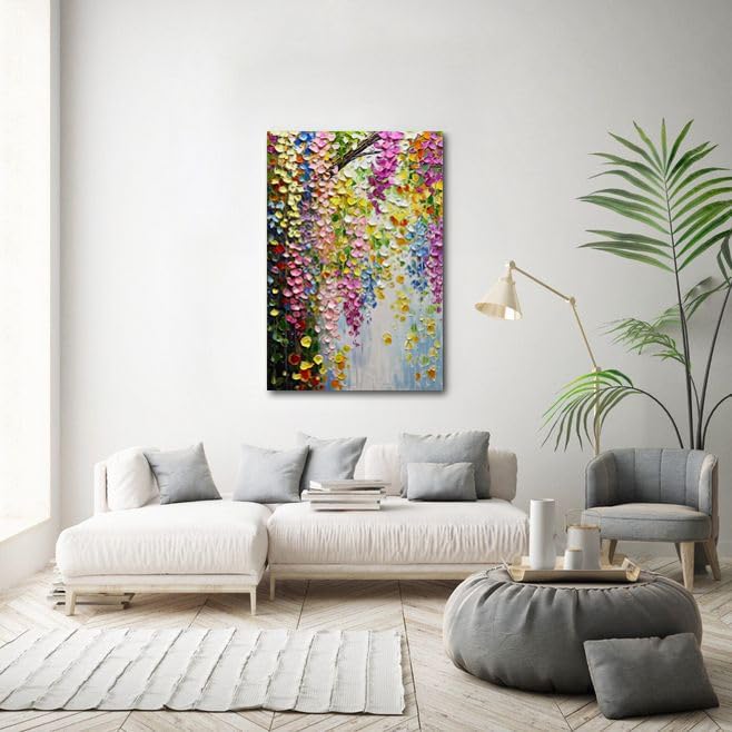 V-inspire Abstract Floral Oil Painting, Hand-Painted Canvas Wall Art, 28 x 40 inches, Colorful Forest Landscape