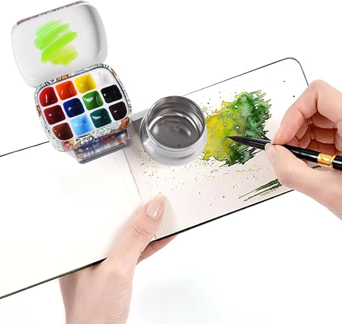 Portable Mini Tin Box 12-Well Empty Watercolor Palette Paint Mixing Tray is a Small Storage Travel Kit with Magnetic Clip and Oil Pot,Making it Outdoor Sketching and DIY Painting.Ethnic Style