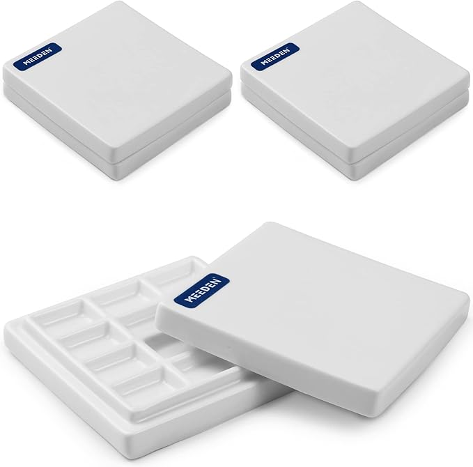 MEEDEN 3 Pack Ceramic Palettes with Cover, Painting Palette for Watercolor Gouache Color Mixing, Pure White Porcelain Palette, Multi-Functional Palette for Hobby and Crafts