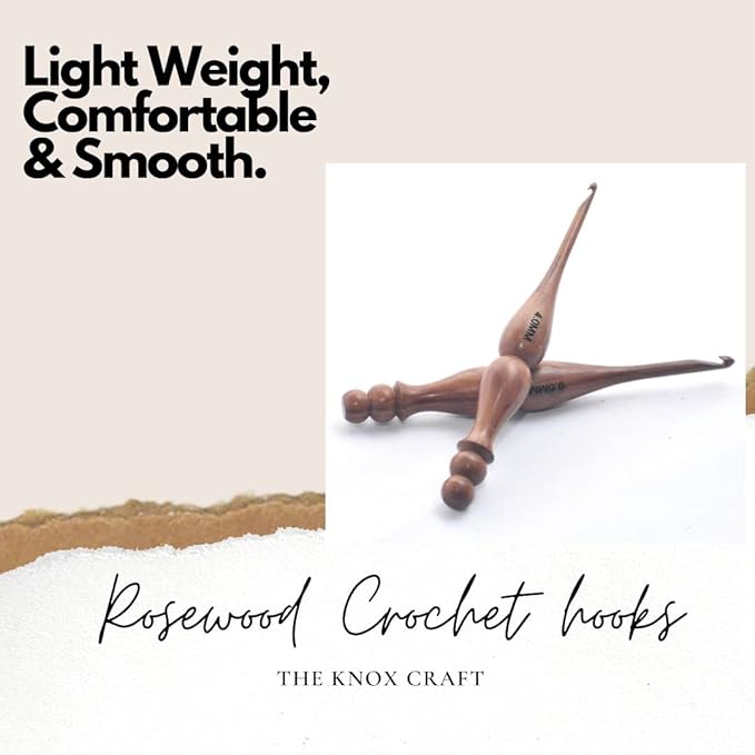 THE KNOX CRAFT Wooden Crochet Hook Set of 7 (4mm–10mm) – Ergonomic Soft Grip Handles, Smooth Wooden Yarn Hooks for Arthritic Hands – Beginner-Friendly Crochet Hooks Gift Set