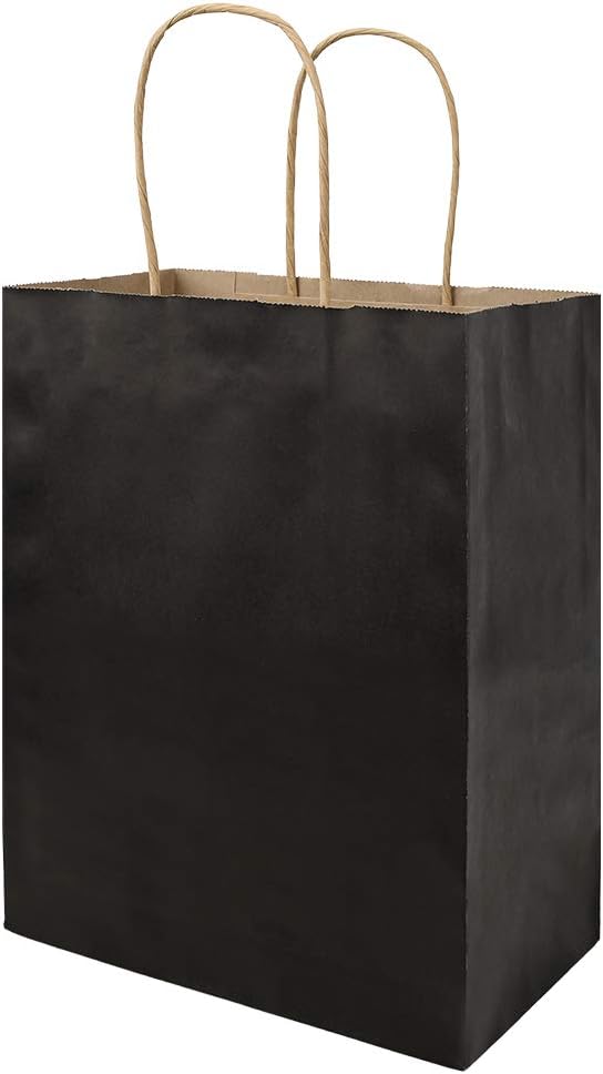 bagmad 50 Pack Medium 8x4.75x10 Inch Black Gift Paper Bags with Handles Bulk, Kraft Bags, Craft Grocery Shopping Retail Party Favors Wedding Business Sacks (Black, 50pcs)