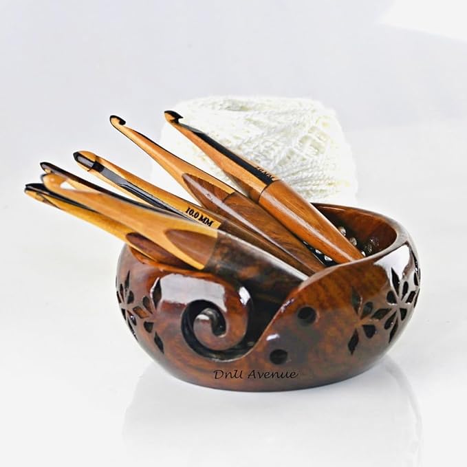 DnU Avenue Multicolor Wooden Crochet Hooks Set of 7 (4MM–10MM) with Yarn Bowl | Ergonomic Crochet Hooks for Arthritic Hands | Comfortable Wooden Crochet Needles | Perfect Gift for Crochet Lovers