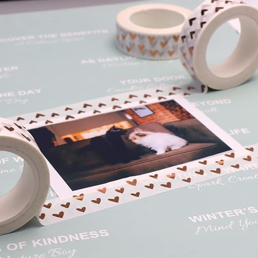 NatSumeBasics 2 Love Washi Tapes Hearts Scrapbook Tape Glitter Foil Masking Tapes for Decor Holiday Wedding (Bronze Hearts Tape)
