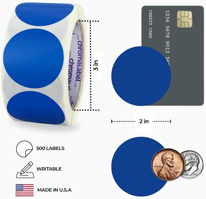 ChromaLabel 2 Inch Round Colored Stickers, Permanent Sticky Dots Color Coding Labels, Ideal Colored Dot Stickers for Arts and Crafts - 500 Sticker Labels per Roll, Dark Blue Sticker Dots