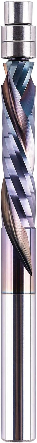SpeTool Compression Flush Trim Router Bit 1/4 Shank, Up & Down Solid Carbide Pattern Template Router Bit 1-1/8 Inch Cutting Length with Bottom Bearing for Woodworking Trimming