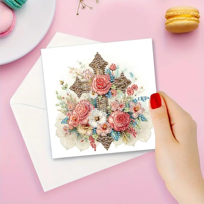 MaiYiYi 6 Pack DIY Cross Flower Diamond Art Greeting Cards Kit Cross Diamond Painting Greeting Cards Flowers Greeting Card Crystal Diamond Painting Set for Family Friends Holiday Birthday