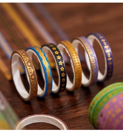 YUBX Skinny Gold Washi Tape Set Basic Foil Print Decorative Masking Tapes for Arts, DIY Crafts, Journals, Planners, Scrapbook, Wrapping (Peacock Tail)