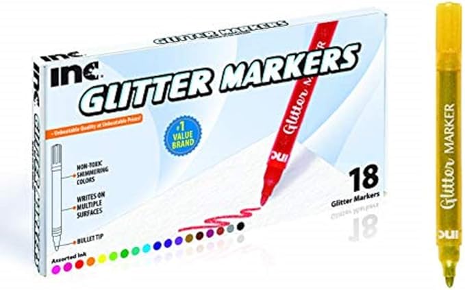 Inc. Multicolor Glitter Markers - 18 Assorted Colors, Sparkly Non-Toxic Water-Based Marker Set, Bullet Point Tip for Drawing, Coloring, Doodling, Journaling, Scrapbooking, DIY Art and Craft Projects